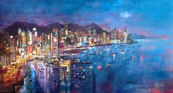 Harbour Lights, Hong Kong by Tom Butler - Original sized 48x26 inches. Available from Whitewall Galleries